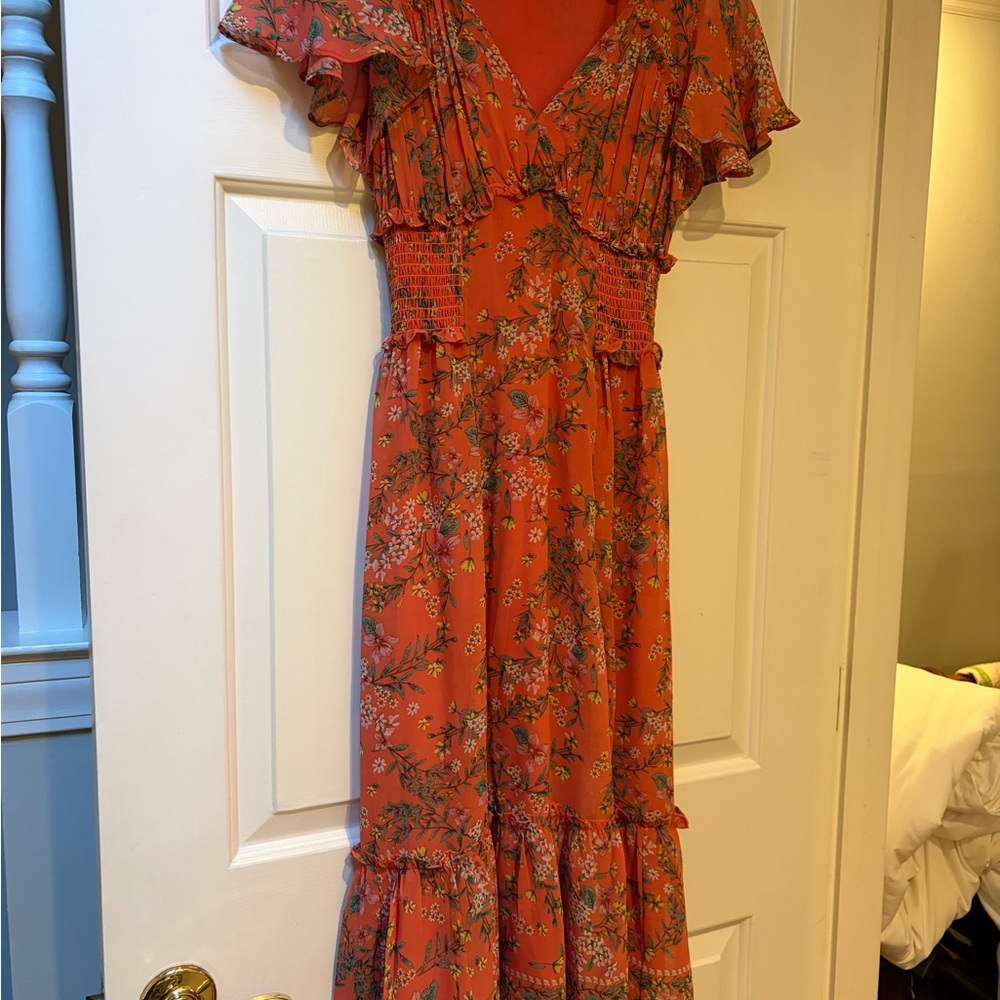 Floral Ruffle V-Neck Maxi Dress in Rust